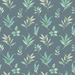 Seamless pattern with green watercolor leaves. Summer Hand drawn illustration.