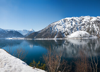 winter landscape lake Achensee, view to Seebergspitze mountain, tirol - obrazy, fototapety, plakaty