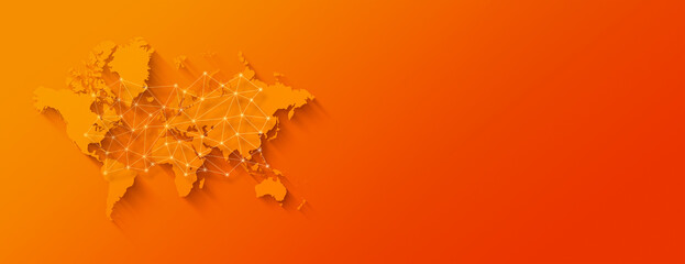 World map and digital network illustration on orange background. Horizontal banner © daboost