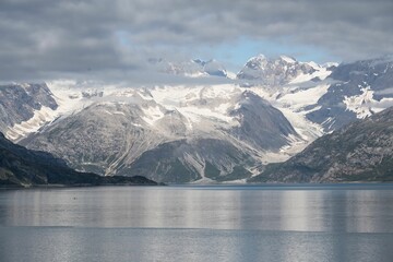 Aerial view of snowcap mountains in Glacier Bay National Park and Preserve in Alaska