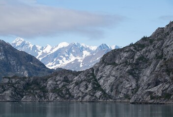 Aerial view of snowcap mountains in Glacier Bay National Park and Preserve in Alaska