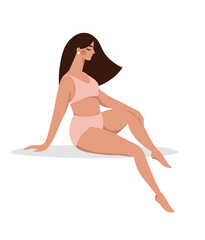 Beautiful sitting woman in lingerie, flat cartoon illustration for cosmetology, depilation, beauty salon. Nude girl in a swimsuit. Isolated vector on white background.