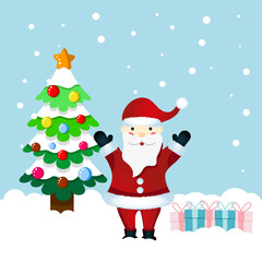 Cartoon santa claus near the christmas tree with gifts.