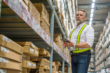 bearded middle-aged male supervisor in a uniform walks holding a tablet inspecting inventory in a factory.