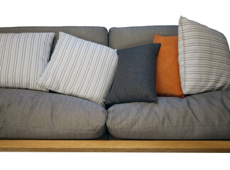 Close up gray fabric couch Sofa with colorful backrest pillows, comfortable, cozy, homy style,...