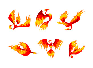 Phoenix with Red Flamed Wings and Feather as Immortal Bird from Greek Mythology Vector Set