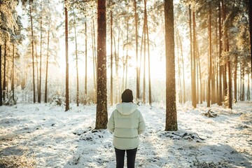 Woman in a white puffer jacket against the background of snow-covered trees on a sunny day.