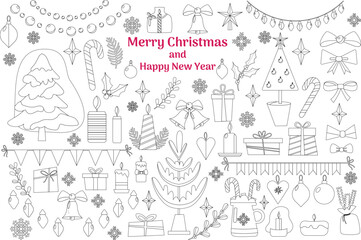 Set of isolated decorations for Christmas and New Year. Vector illustration in black outline and white plane on a white background.