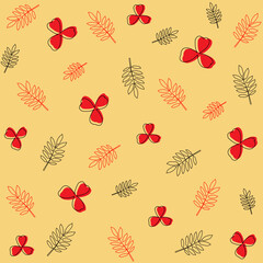 Seamless autumn pattern for fabric with autumn leaves, twigs and red flowers, double outline, vector pattern for design and print on a light background