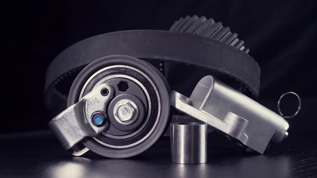 Auto parts spare parts car on grey background. Large number rotate on turntable around its axis. Auto parts store. Suspension and engine parts.