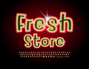 Vector bright banner Fresh Store. Funny neon Font. Colorful Glowing Alphabet Letters and Numbers set