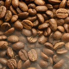 The texture of freshly roasted, ready-to-drink coffee, steam rising above the beans, black ava beans.