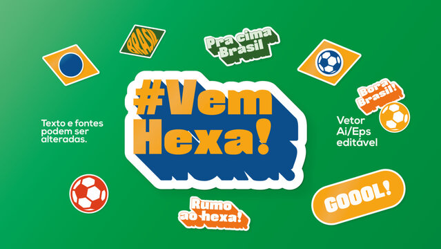 Rumo ao hexa Brasil texto editável no estilo adesivo sticker conceito para torcida para a selação brasileira na copa do mundo 2022.