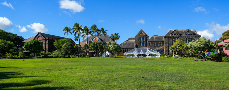 Hawaiian and Polynesian Hall building of the Bishop Museum, built in a Richardson romanesque architectural style - Largest museum in Hawaii in Honolulu on the island of O'ahu