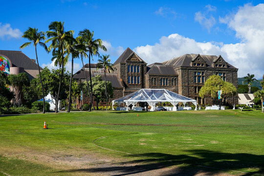 Hawaiian and Polynesian Hall building of the Bishop Museum, built in a Richardson romanesque architectural style - Largest museum in Hawaii in Honolulu on the island of O'ahu