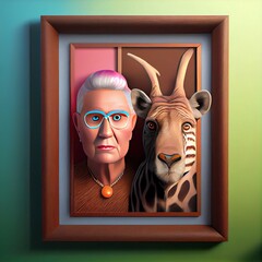 Framed painting of an animal with their human generated with Artificial Intelligence