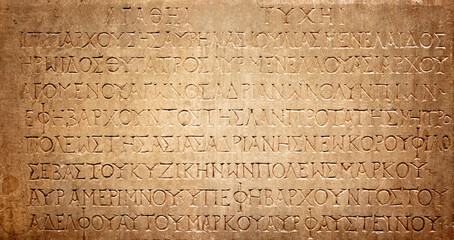 Ancient Greek text. Ancient Greek is the language of the empire of Alexander and the kingdom of the Diadochi, the Roman Empire. Background on the theme of ancient culture, archeology and history. - obrazy, fototapety, plakaty