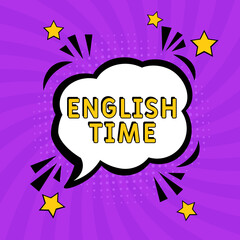 Comic book explosion with text English Time, vector illustration.  Vector bright cartoon illustration in retro pop art style. Study English phrase in pop art style. Creative poster, web banner