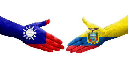 Handshake between Taiwan and Ecuador flags painted on hands, isolated transparent image.