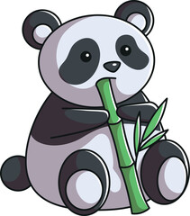 Cute cartoon panda eating a bamboo plant isolated on white background