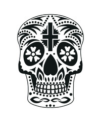 Black and white skull for the day of the dead. Illustration in the Mexican style for creating stickers, tattoos, print.