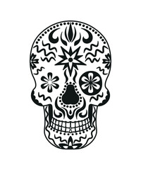 Black and white skull for the day of the dead. Illustration in the Mexican style for creating stickers, tattoos, print.