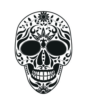 Black and white skull for the day of the dead. Illustration in the Mexican style for creating stickers, tattoos, print.