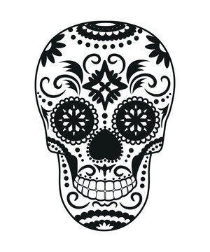 Black and white skull for the day of the dead. Illustration in the Mexican style for creating stickers, tattoos, print.