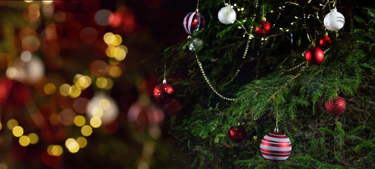 Festive christmas celebration holiday banner greeting card - Red and white christmas baubles,...