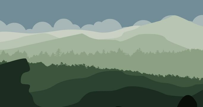 animated background of mountains and misty green trees