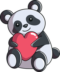 Cute cartoon panda with a red heart isolated on white background