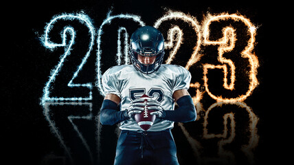 American football player black background with fire. Sports template for calendar design on 2023...