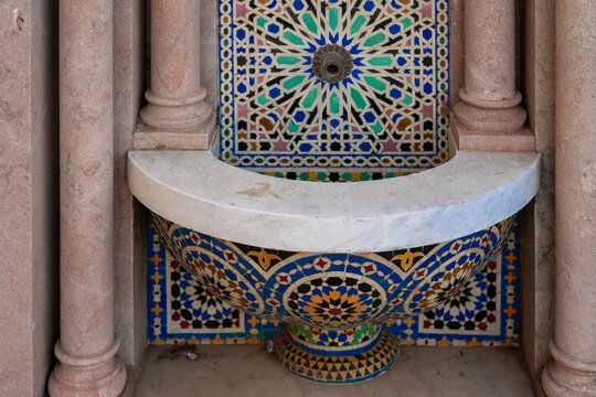 A tiled fountain at the Mohammed V Mausoleum in Rabat, Morocco