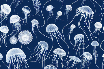 seamless pattern with jellyfish on blue background illustration 