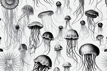 Black and white seamless pattern with jellyfish on white background illustration
