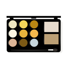 Illustration of an eyeshadow palette with brush on a white background. Eyeshadow in various colors for makeup. Professional cosmetics.