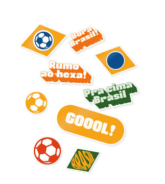 Adesivos tipo stickers para torcida para o Brasil na copa do mundo de 2022, rumo ao hexa. Stickers isolados com fundo transparente.