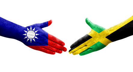 Handshake between Taiwan and Jamaica flags painted on hands, isolated transparent image.