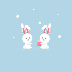 vector winter illustration two rabbits sitting with a gift