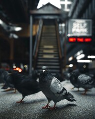Pigeons in front of stairs to metro station