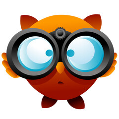Bird looking through binoculars with big eyes. Full vector isolated transparent search and find emoji owl 3d cartoon character