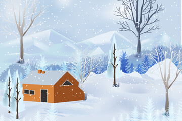 Winter mountains landscape with houses and trees on vector background with snowflakes falling from the sky. Cartoon winter scenery of cold weather and village forest, snowy hills, and fields