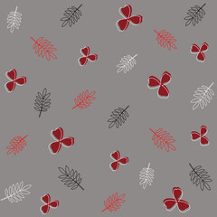 Seamless autumn pattern for fabric with autumn leaves twigs and red flowers, double outline, vector pattern for design and print on a gray background