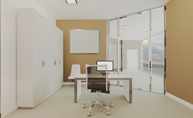 Furniture set with table, chairs and devices. 3D rendering., Mockup.   Empty paintings