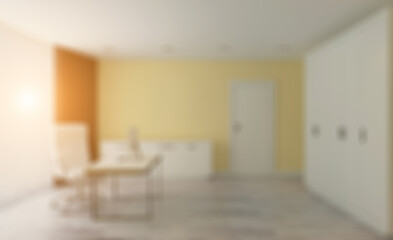 Modern meeting room. 3D rendering.. Sunset.. Abstract blur phototography.