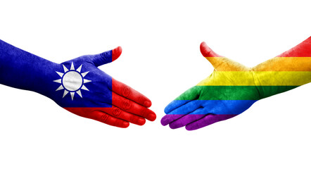 Handshake between Taiwan and LGBT flags painted on hands, isolated transparent image.