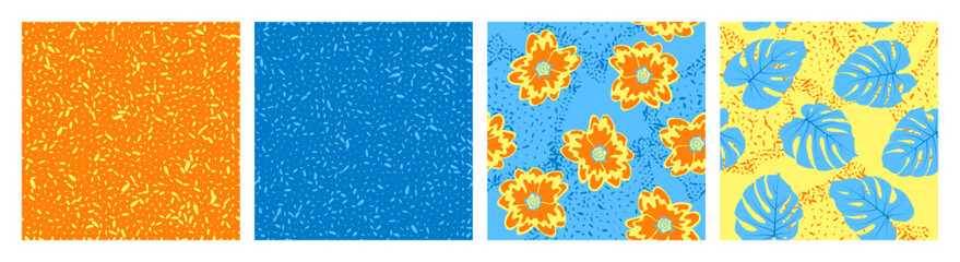 Grain texture and floral seamless pattern vector set. Botanical design of primula and monstera leaves.