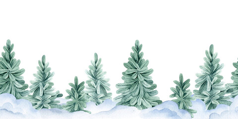 watercolor seamless border, frame with winter christmas landscape. fir trees and snow, winter forest, new year