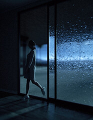 Blonde woman in sweater dress walks from terrace into house through open sliding glass door with raindrops at dusk. 3D render.