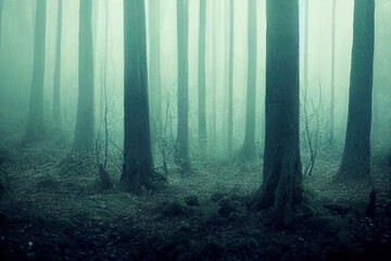 Naklejka premium Mysterious foggy forest landscape